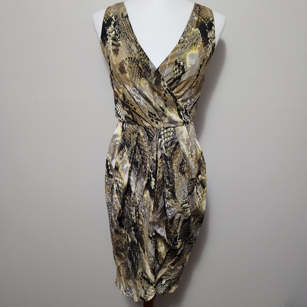 Anthropologie Greylin green reptile surplice silk sheath dress size small